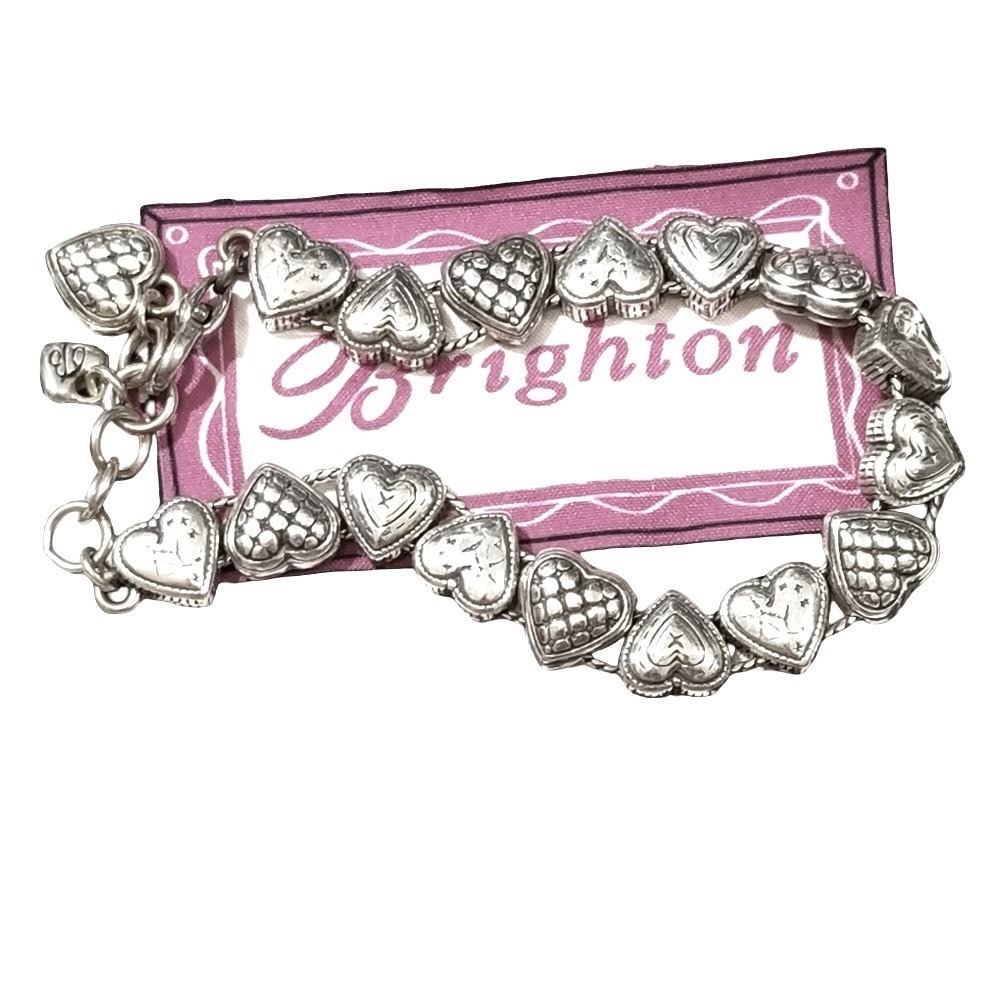 Brighton Enchanted Silver Heart Link Bracelet Mixed Texture Charms Adjustable